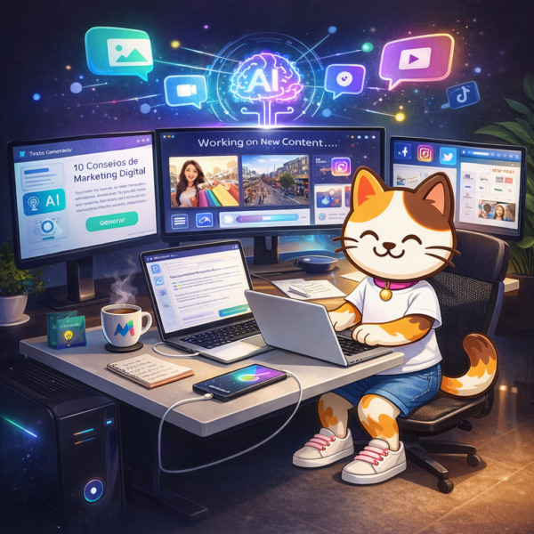 Tech-savvy calico cat at desk